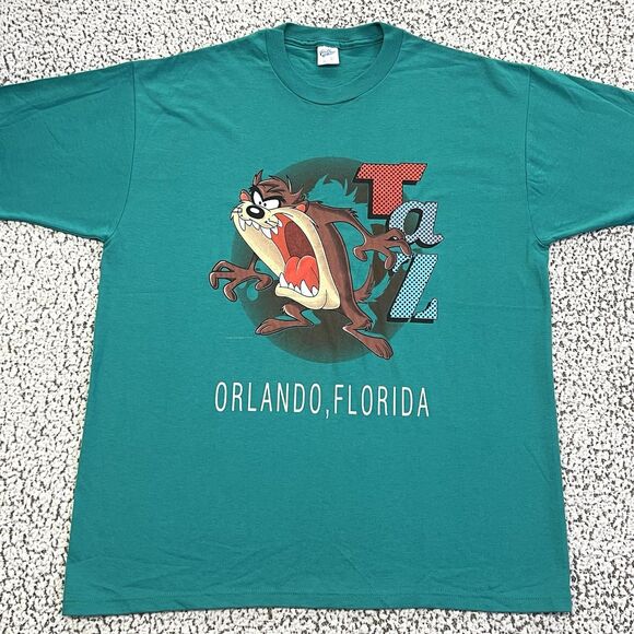 VTG 90s Taz Orlando Florida Mens Shirt XL Velva Sheen Tasmanian Devil Green USA - Picture 1 of 11
